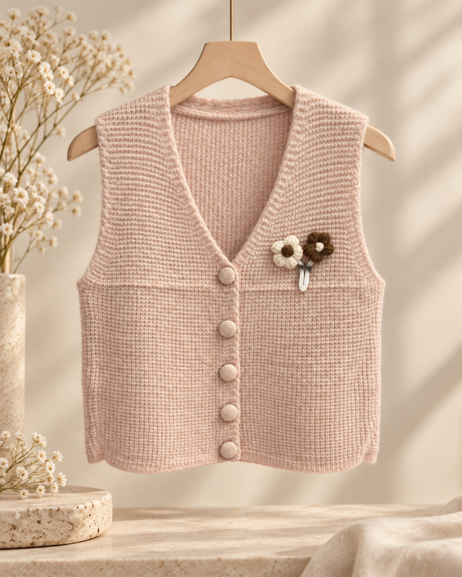 ژیله بافت زنانه گلدار | جلیقه بافت دکمهدار شیک پاییزی